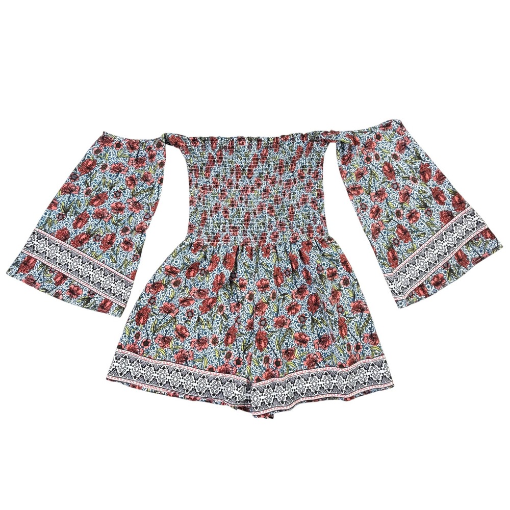 Altar'd State Celia Romper M Blue Red‎ Floral Smocked Off Shoulder Bell Sleeve - Picture 2 of 9